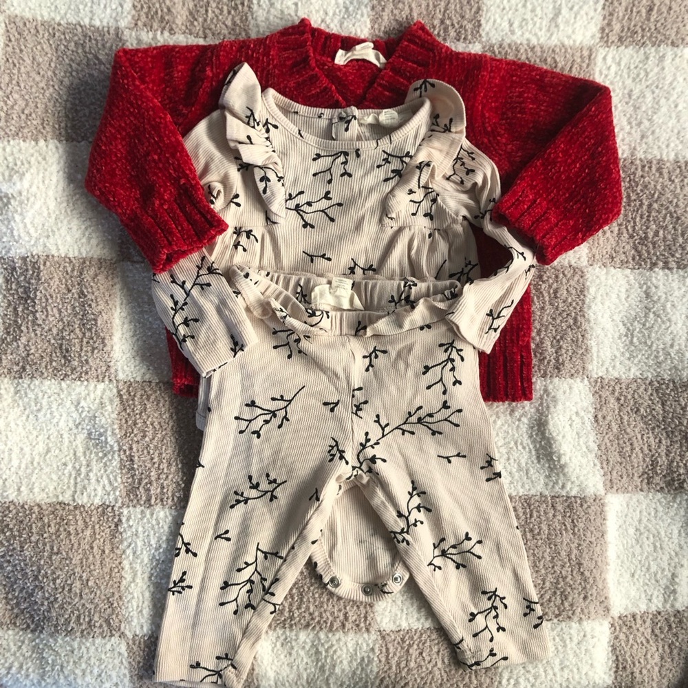BOGO 🎊 Jessica Simpson Baby Outfit: Red Sweater, Floral Onesie, Matching Pants